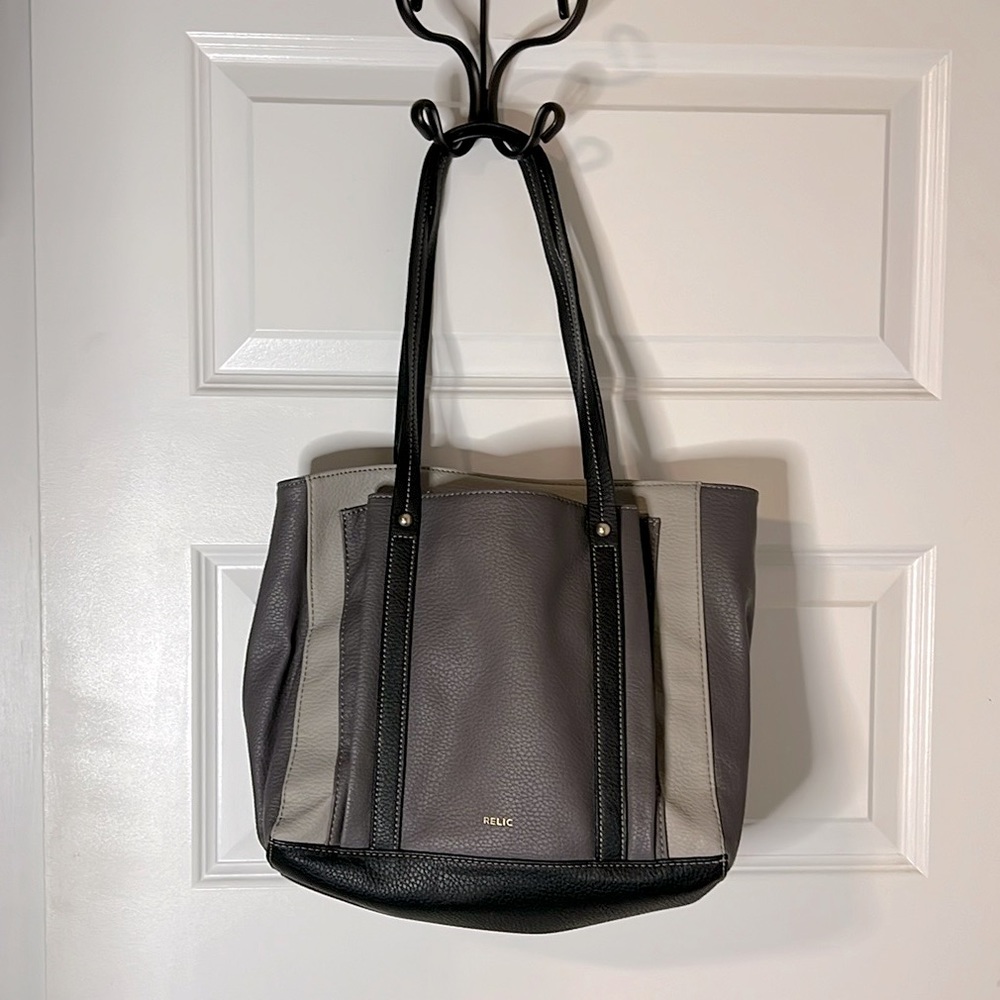 Relic Bailey Double Tote Bag Faux Leather Black and Gray